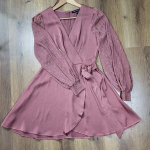 Fairycore Satin Wrap Mini Ellegant Evening‎ Dress Rose Metallic Sheer Sleeve M